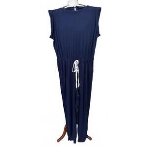 New Romper Jumpsuit Long Pants Sleeveless Navy Blue White Waist Tie Size XL